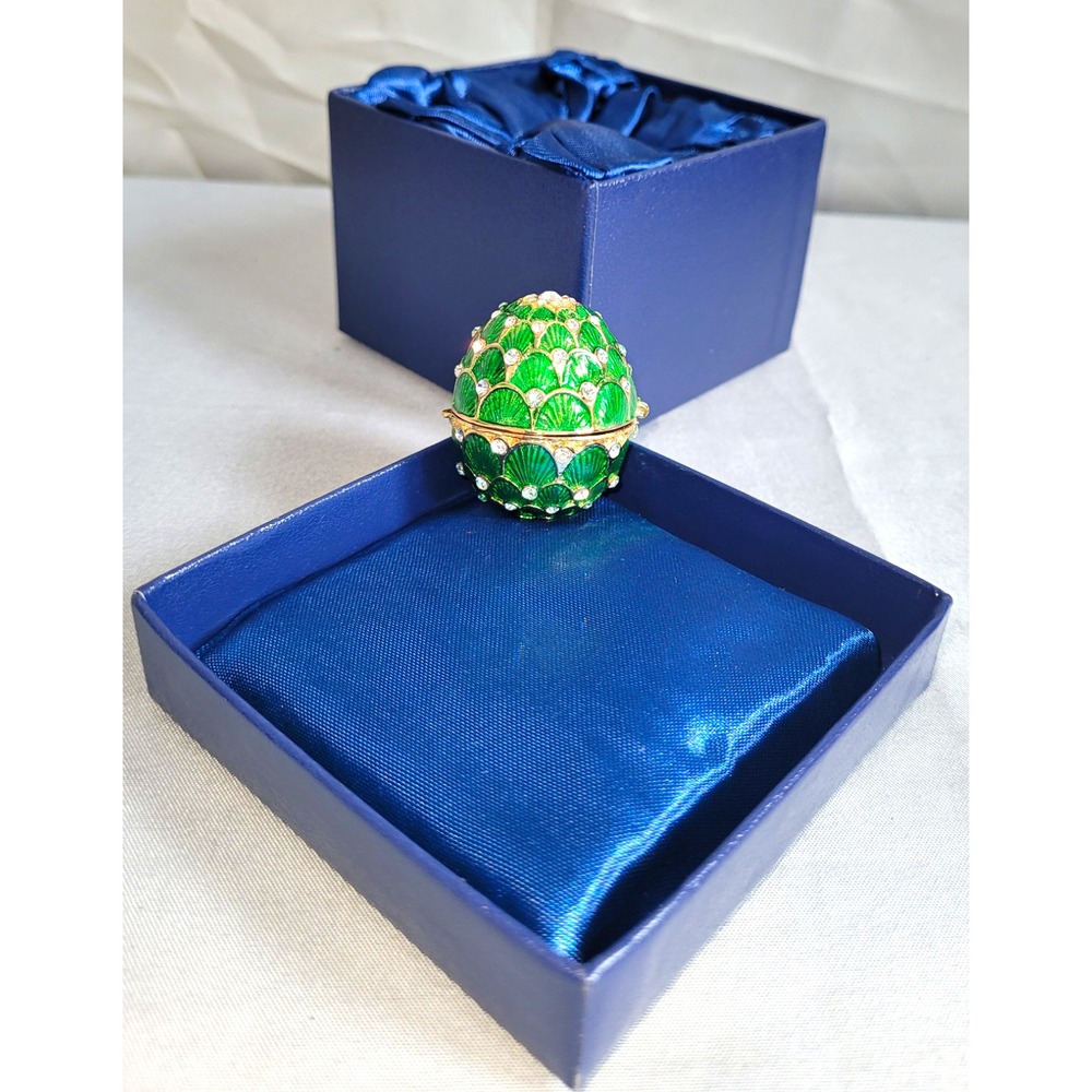 Emerald Green Fabergé Style Jeweled Egg Trinket Box Gold Tone & Rhinestones 2"